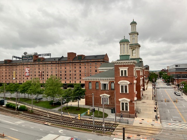 This image shows Camden Yards' large brick facade in the distance