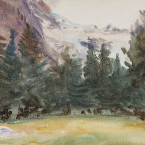 A mountain range with a glacial cap and pine trees in a circle painted in watercolor.