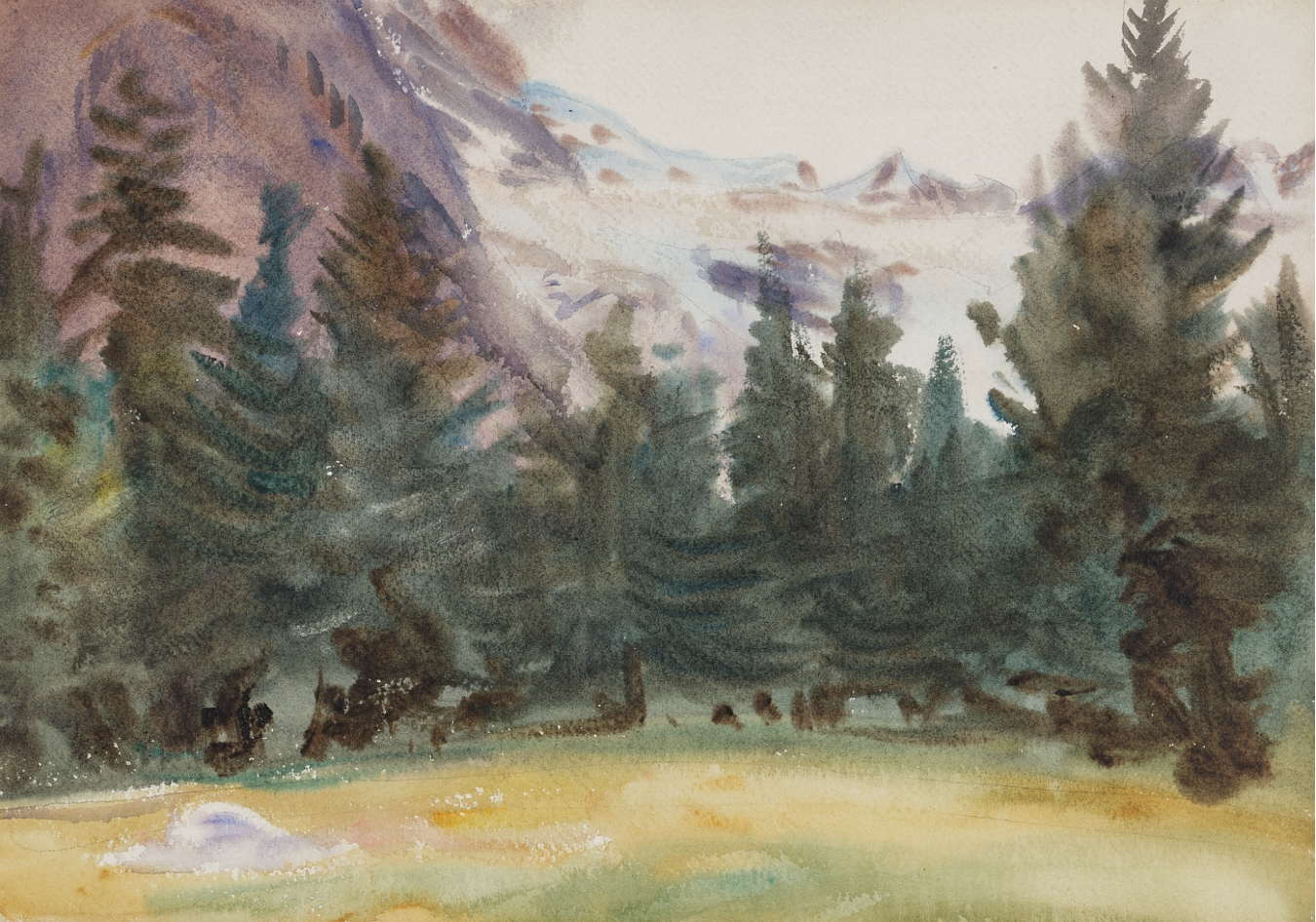 A mountain range with a glacial cap and pine trees in a circle painted in watercolor.