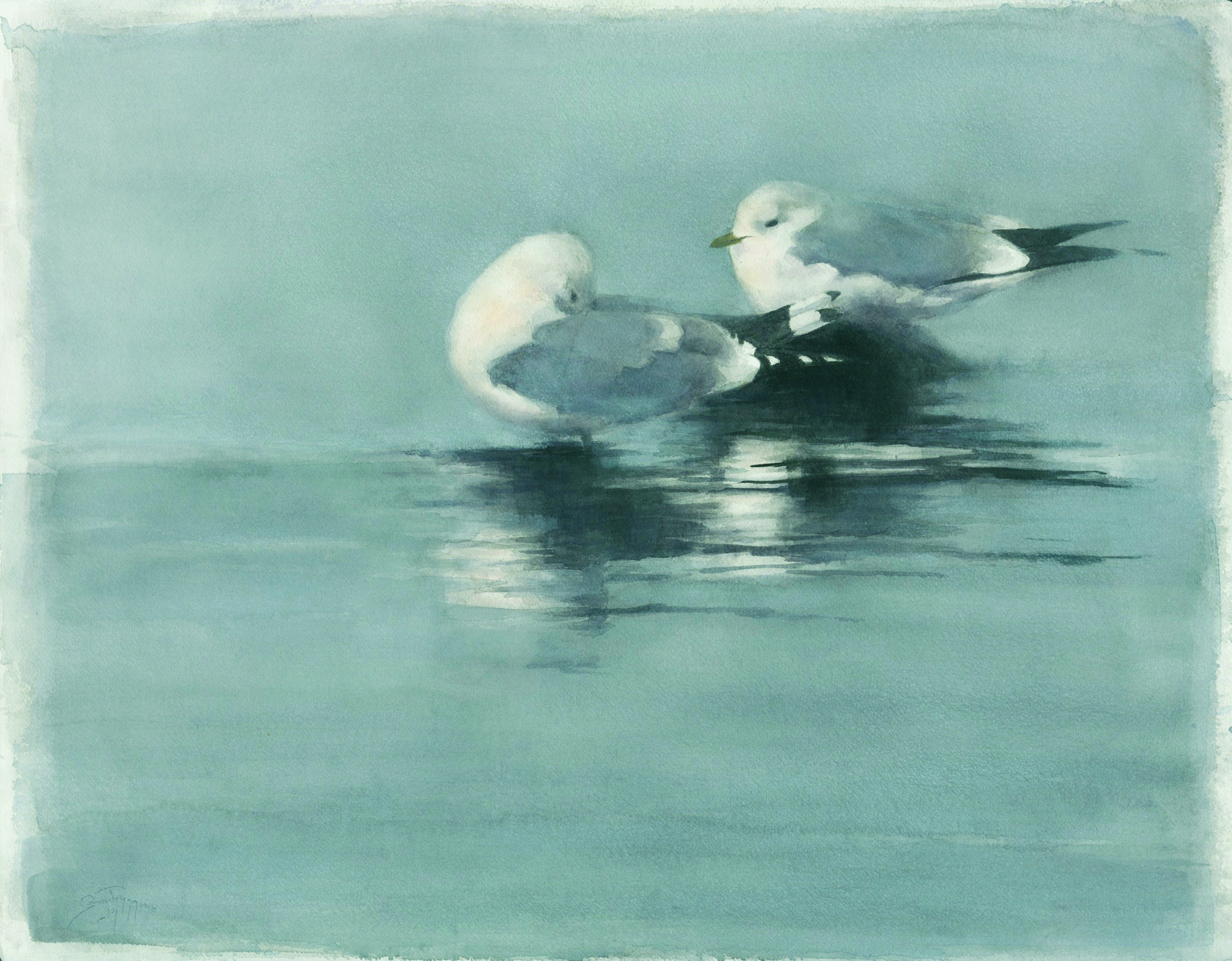 Watercolor painting of two seagulls on a grey day