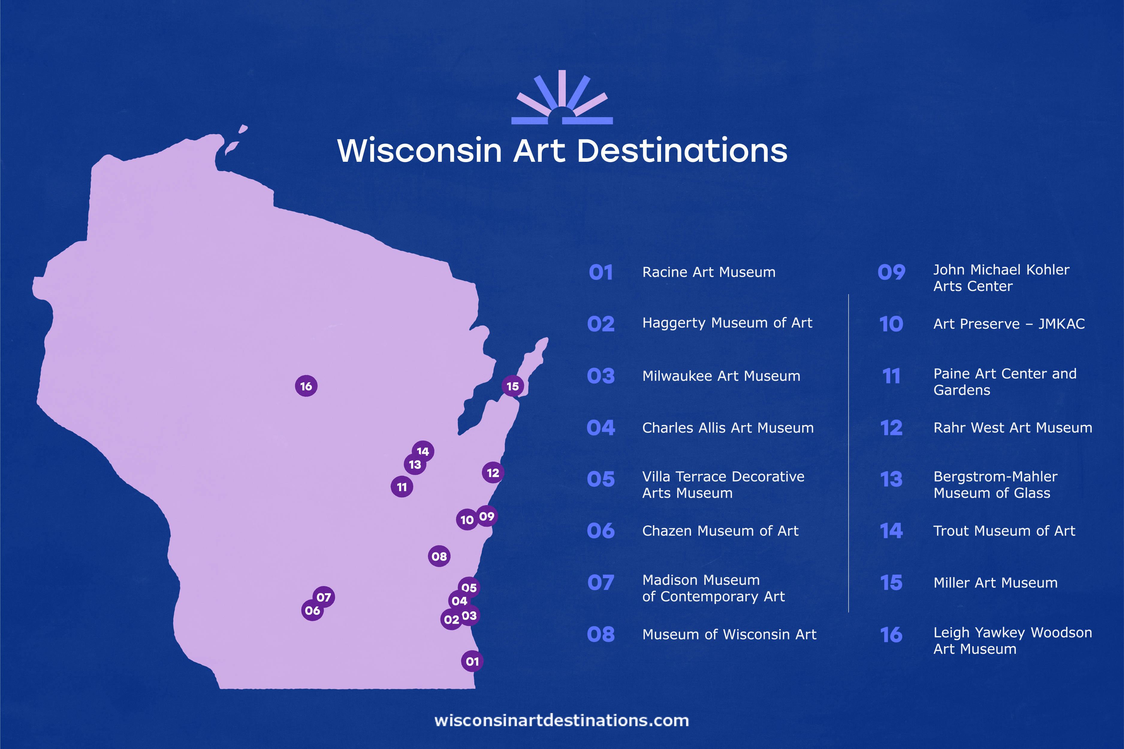 A map of Wisconsin that shows each of the Wisconsin Art Destinations locations.