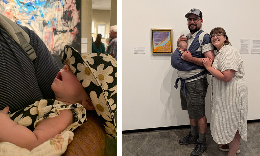 A man holds a sleeping baby in a flower hat with art in the background and then in a second photo a family stands next to an artwork while a man holds a baby wrapped around him and a woman stands next