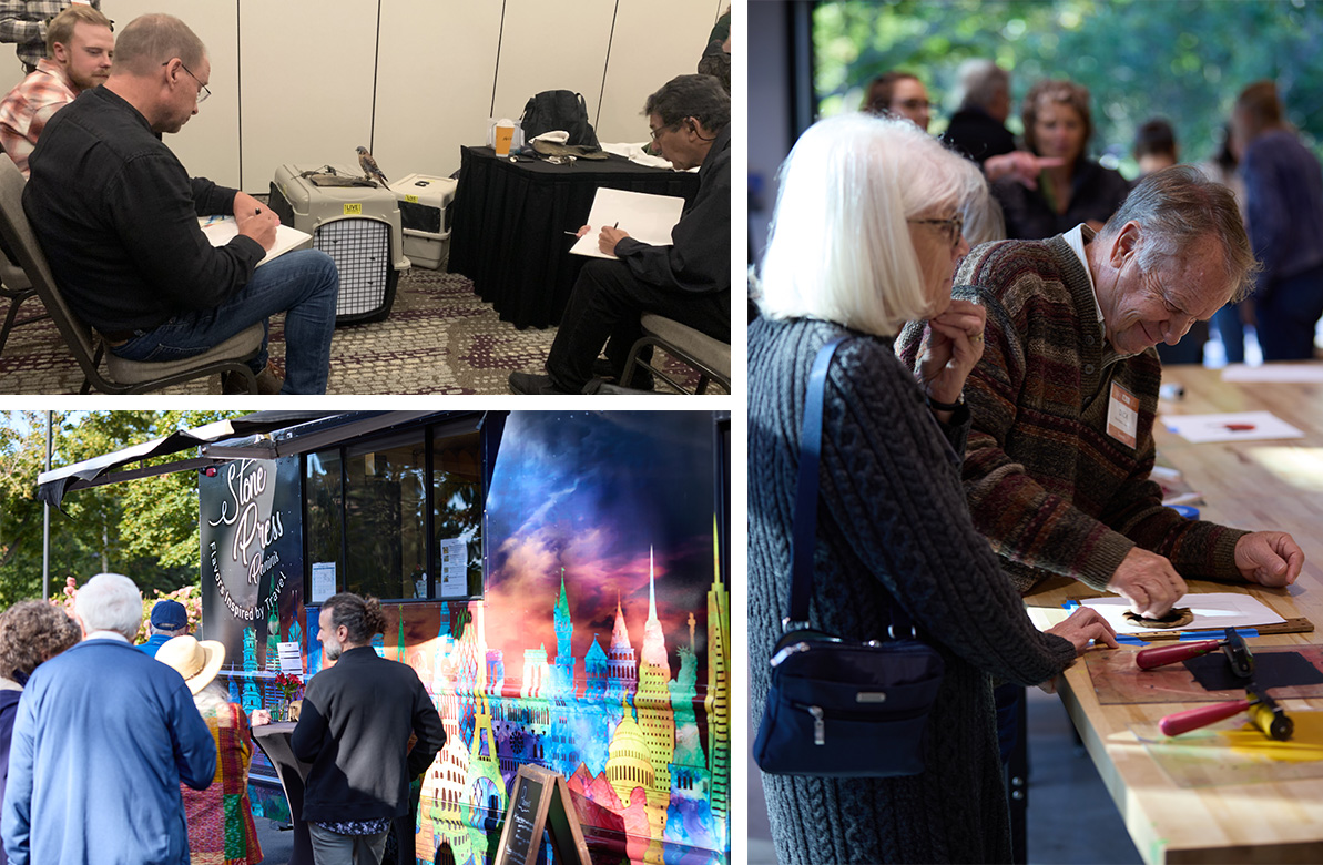 Top left a photo of artists sketching birds bottom left patrons waiting at a food truck and right is a photo of two people making art prints