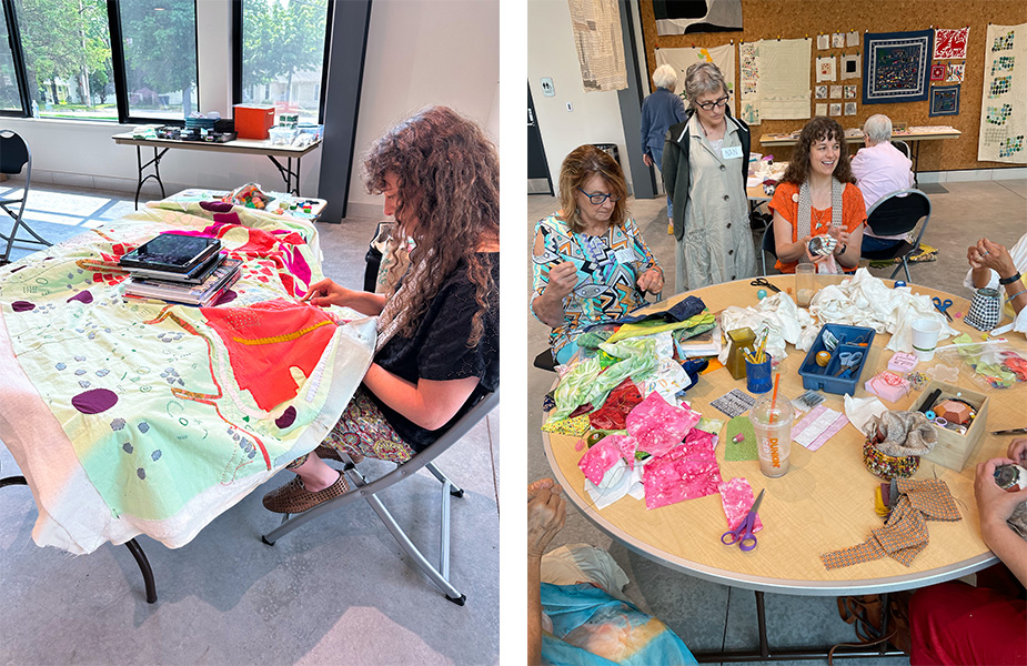 Woman works on hand sewing a quilt in one photo and then in the other she works with community members with fabrics spread out on the table