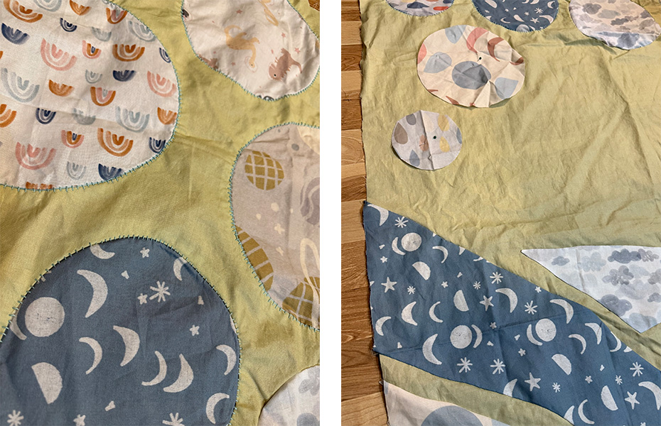 Image of a quilt in detail side by side. Fabrics with rainbows, moons and planets are attached to a light green fabric in circles