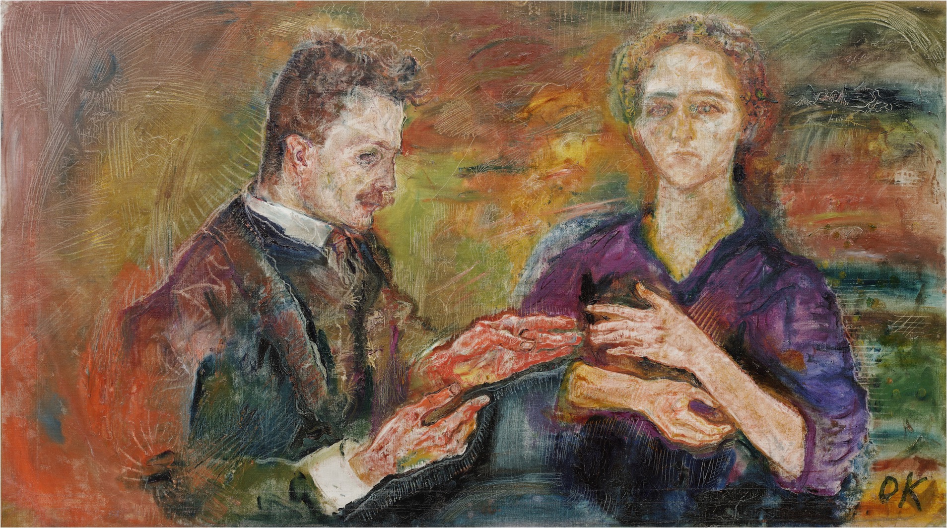 In a painting, a man and a woman sit against a multi-colored background. The woman faces forward with her hands crossed in front of her. The man's hands are outstretched towards her.